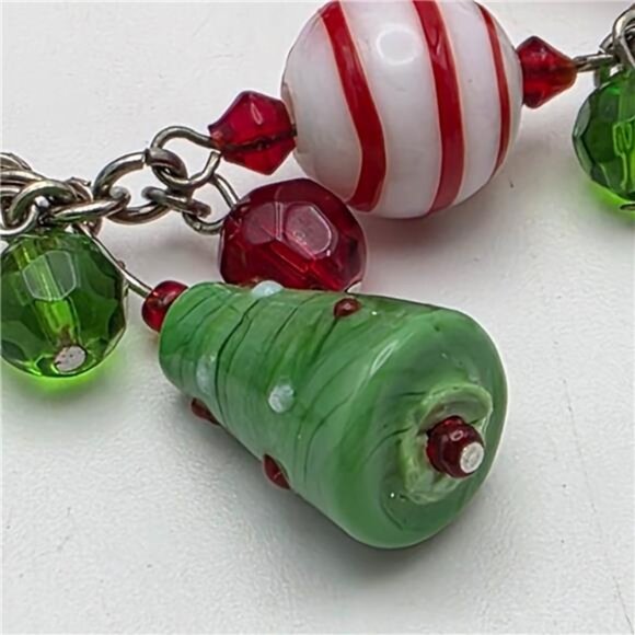 Colorful Lampwork Glass Christmas Charm Bracelet 7" Silver Tone Toggle Clasp - Picture 2 of 9